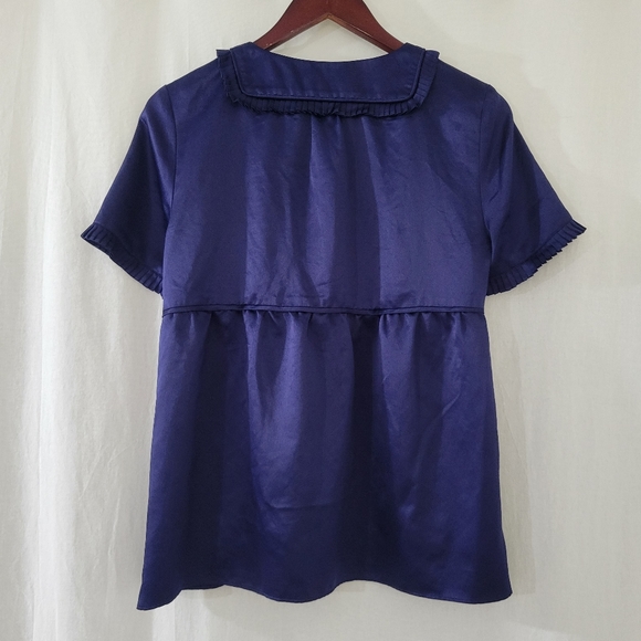 LOFT Blue Satin Short Sleeve Pleated Blouse Women's Size 8 - Picture 2 of 4